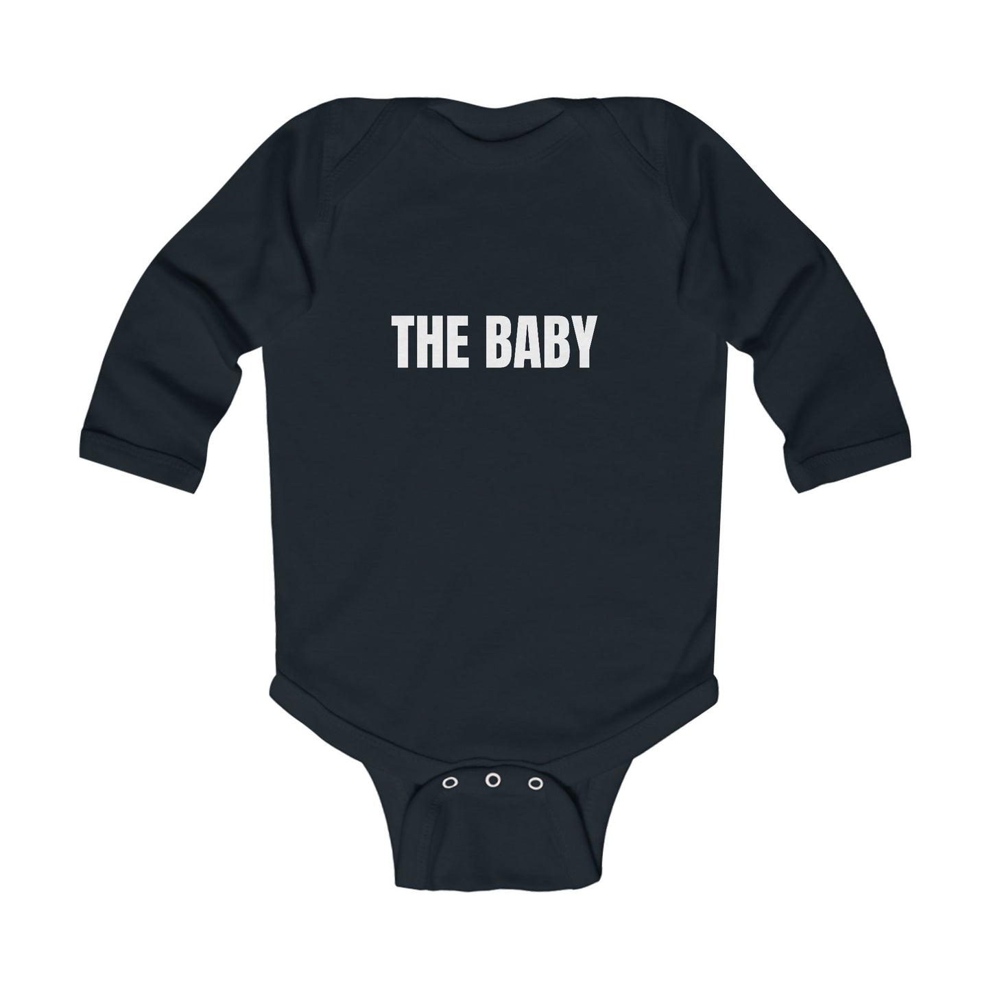 Black 'THE BABY' Long Sleeve Onesie with simple text design, perfect for infants