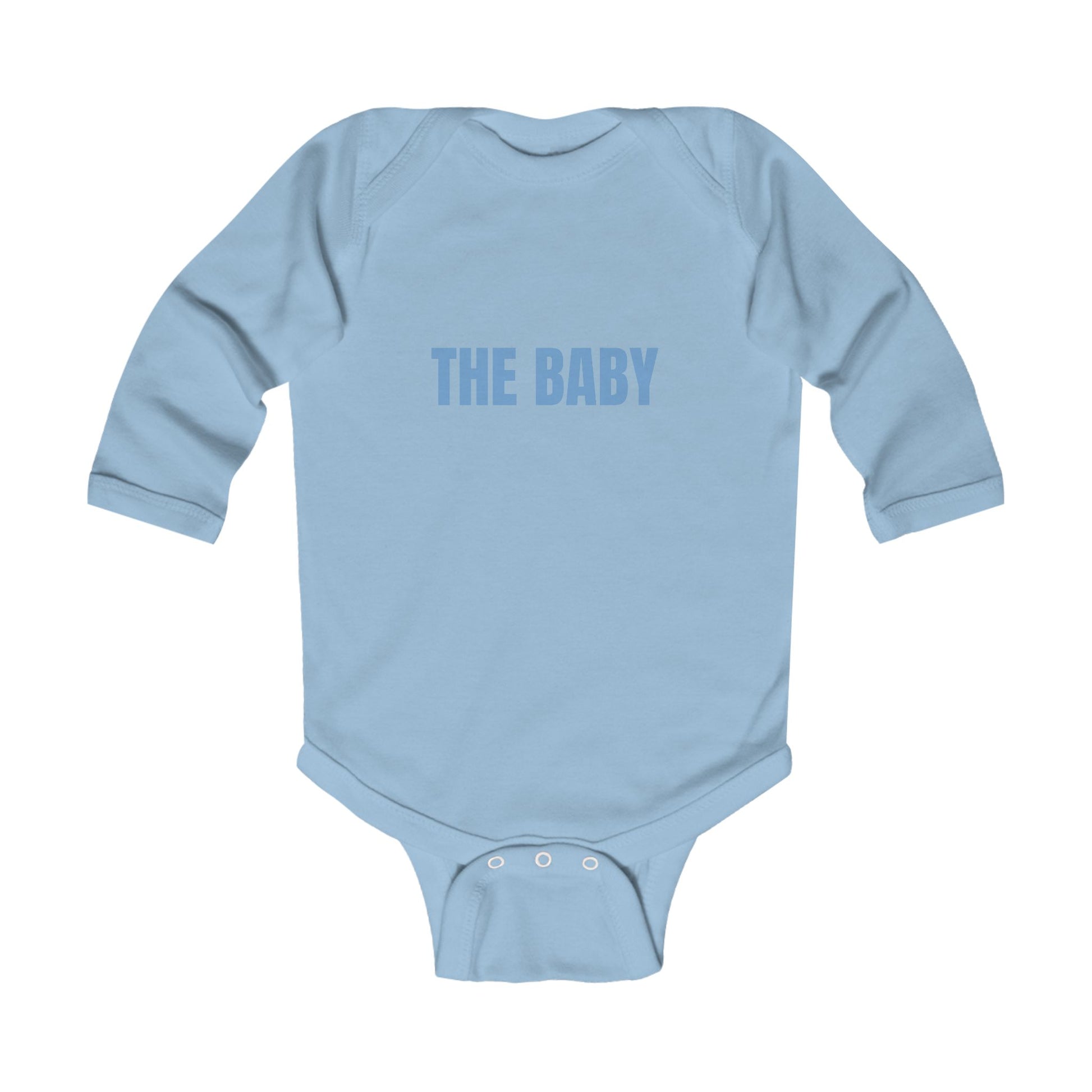 Light Blue 'THE BABY' Long Sleeve Onesie with simple text design, perfect for infants