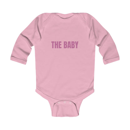 Pink 'THE BABY' Long Sleeve Onesie with simple text design, perfect for infants.