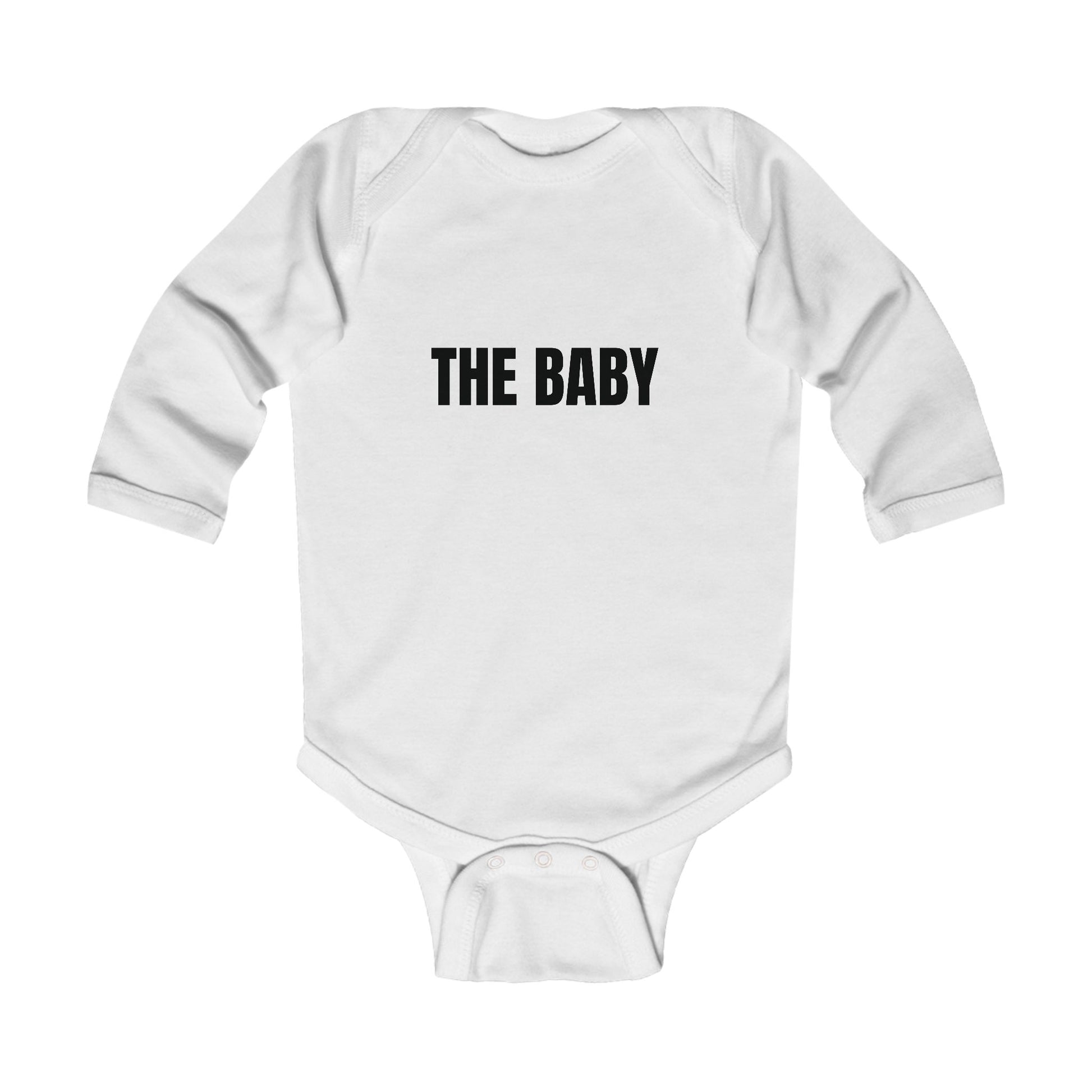 White 'THE BABY' Long Sleeve Onesie with simple text design, perfect for infants